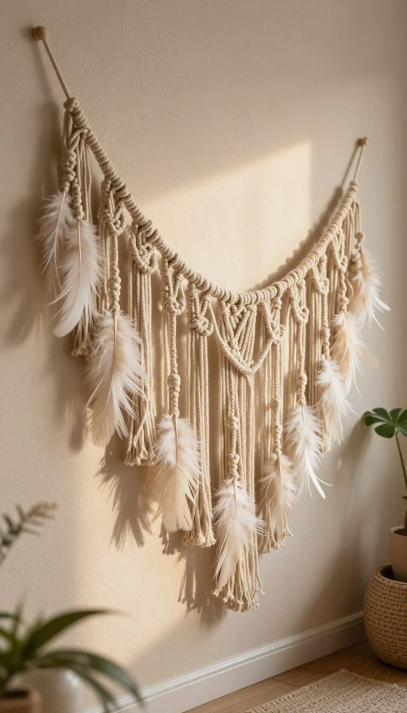 A beautifully crafted "federgirlande" made from delicate macrame yarn, elegantly draped across a textured wall, illuminated by warm, natural lighting. The foreground features the intricate knots and feathers of the garland, showcasing the craftsmanship and soft texture of the macrame. In the middle ground, a cozy Boho Luxe styled room is adorned with earthy tones and minimalist decor elements, enhancing the feeling of warmth and sophistication. The background includes blurred greenery, adding a natural touch reminiscent of a Pinterest aesthetic. Create an inviting and inspiring atmosphere that embodies the essence of DIY elegance. The scene should be aesthetically aligned with the brand "KlickKiste."