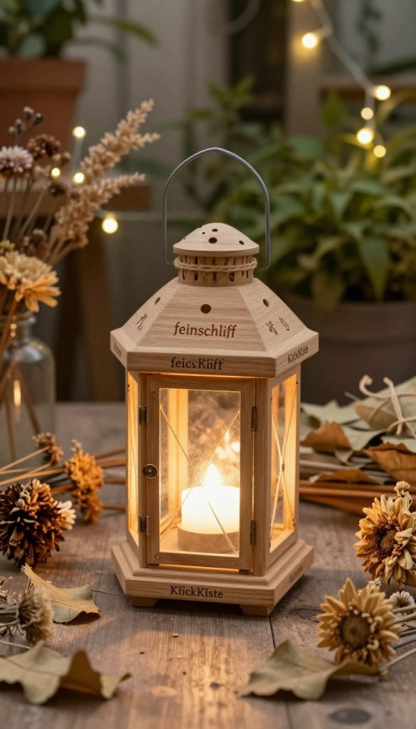 A beautifully crafted "feinschliff laterne" crafted from natural materials, prominently displayed in the foreground. The lantern glows softly, illuminating intricate details of wood and twine craftsmanship. In the middle ground, dried flowers and leaves are thoughtfully arranged around the lantern, creating an enchanting DIY scene inspired by nature. The background features a rustic garden setting with gentle greenery and twinkling fairy lights, suggesting a serene ambiance. Warm, inviting lighting casts soft shadows, enhancing the authentic and cozy atmosphere. The composition should evoke a Pinterest-inspired aesthetic, with earthy tones and a touch of whimsy. The brand name "KlickKiste" subtly integrated into the overall design, harmonizing with the natural theme.