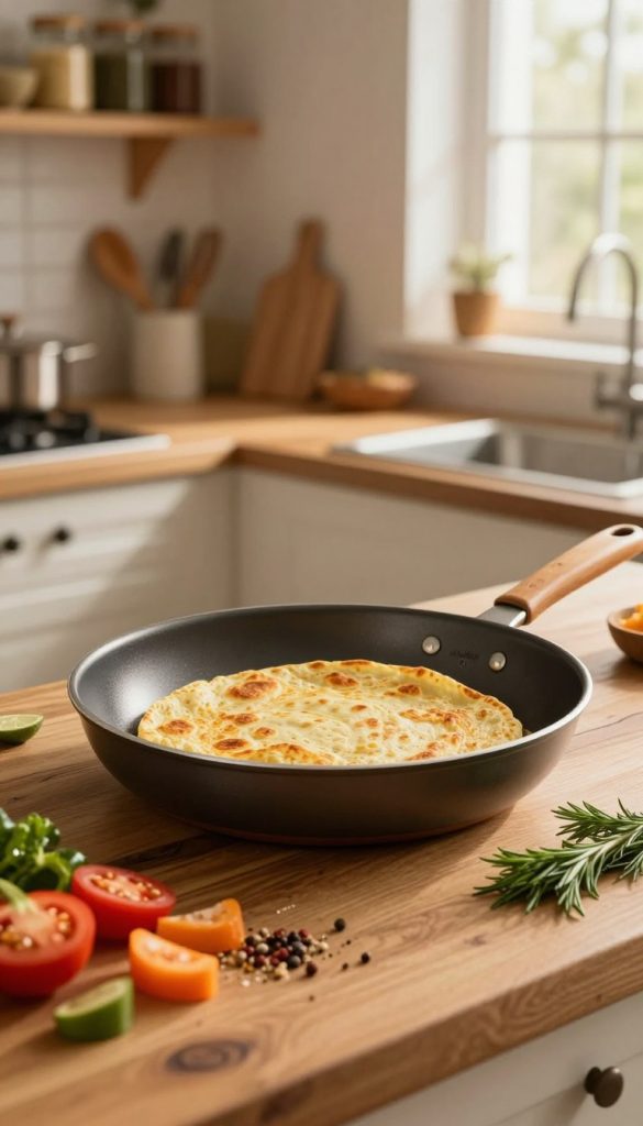 A beautifully crafted frying pan, glistening under soft, warm kitchen lighting, sits elegantly on a rustic wooden countertop. In the foreground, a variety of colorful ingredients such as chopped vegetables, fresh herbs, and seasoning spices are artfully arranged around the pan, inviting a sense of culinary creativity. The middle ground features the frying pan with a vibrant tortilla being cooked, showcasing golden edges and a delicate texture. In the background, a cozy kitchen scene with shelves filled with jars of spices and cooking utensils creates an inspiring atmosphere, enhancing the warm, inviting mood. The soft focus bokeh adds a dreamy quality, while subtle rays of natural light filter through a nearby window, illuminating the scene. The brand name "KlickKiste" is subtly integrated into the kitchen setting, promoting a sense of authenticity and inspiration for home cooking.