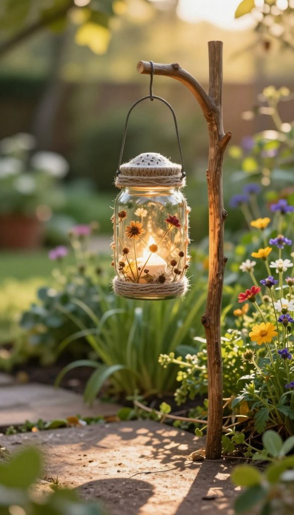 A beautifully crafted garden lantern on a wooden stick, made from a glass jar, decorated with natural materials like twine and dried flowers. The lantern emits a soft, warm glow, casting delicate shadows on the surrounding ground. In the foreground, focus on the intricate details of the jar's texture and the twine wrapping, while the stick stands firm with an organic, rustic charm. The middle ground shows lush greenery and vibrant wildflowers, enhancing the DIY project’s earthy vibe. In the background, a softly blurred garden scene adds depth, with warm golden sunlight filtering through leaves, creating an inviting atmosphere. This inspiring, authentic image reflects a cozy, creative space, ideal for a DIY project illustration for KlickKiste.