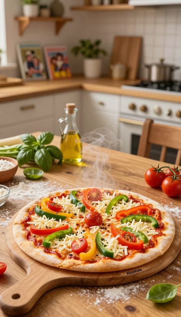 A beautifully crafted homemade pizza designed for children, featuring a vibrant array of toppings such as colorful bell peppers, cherry tomatoes, and shredded mozzarella cheese. The foreground showcases a wooden pizza peel with the freshly baked pizza, steam rising gently. In the middle, there's a rustic table setting with pizza ingredients like fresh basil, olive oil, and a sprinkle of flour scattered around. The background includes a cozy kitchen with warm, inviting lighting, showcasing shelves filled with cookbooks and family photos. The mood is playful and family-friendly, with a Pinterest-inspired aesthetic that evokes a sense of creativity and togetherness. The scene is branded subtly with "KlickKiste" on the pizza peel, emphasizing affordability and ease of preparation.