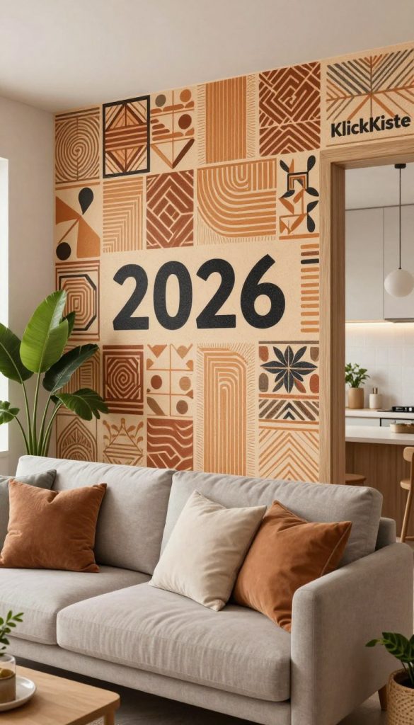 A beautifully crafted interior scene reflecting the DIY statement wall trends of 2026. In the foreground, a stylish living room featuring a bold, textured statement wall adorned with intricate geometric patterns in warm, inviting colors. A cozy, modern sofa is placed in front, showcasing chic throw pillows that complement the wall. In the middle ground, a bright, well-lit space with natural wood accents and lush green plants adds an organic touch, enhancing the inviting atmosphere. The background includes hints of a minimalist kitchen with soft lighting illuminating the entire space. The overall mood is authentic and inspiring, creating a Pinterest-worthy aesthetic. Capture the essence of contemporary home trends while incorporating the brand name "KlickKiste" subtly into the design elements.