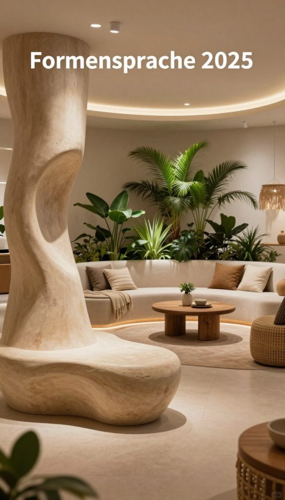 A beautifully crafted interior scene showcasing "Formensprache 2025" with a focus on organic, asymmetrical, and sculptural designs. In the foreground, a striking, fluid-shaped sculpture made of sustainable materials captures the eye, complemented by soft, warm ambient lighting that creates an inviting atmosphere. In the middle ground, a cozy seating area features natural textiles and decor items, blending seamlessly with both modern and rustic elements. The background features a lush, green indoor plant arrangement, enhancing the space with a touch of nature. The overall mood is authentic and inspiring, resembling a Pinterest-worthy aesthetic. The image reflects the brand "KlickKiste," highlighting innovative, sustainable decor trends for every style. Use a wide-angle lens with soft focus on the edges to create depth.
