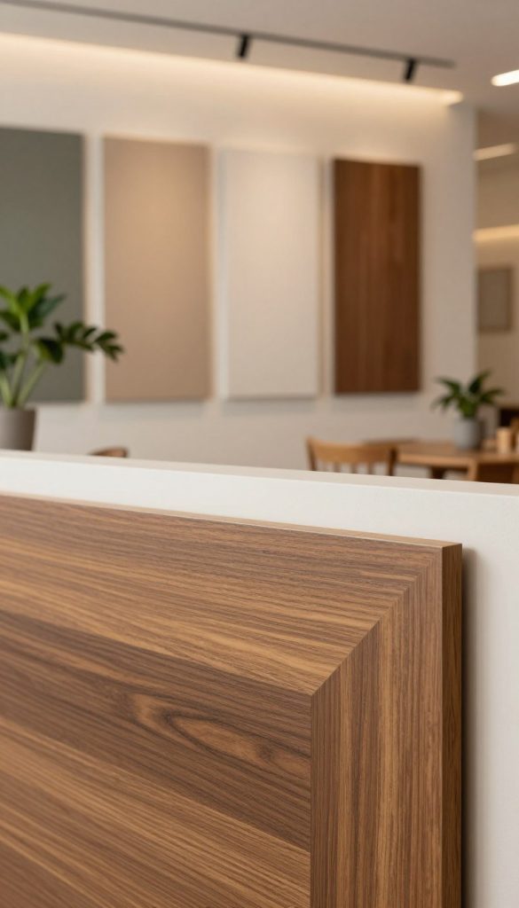 A beautifully crafted interior scene showcasing a stylish and modern wall panel from KlickKiste, emphasizing its exquisite surface texture. In the foreground, a close-up of rich wood grains and a subtle matte finish, reflecting warm light. The middle layer reveals a carefully arranged room with softly illuminated walls, featuring multiple wall panels in complementary colors, creating a harmonious atmosphere. In the background, a cozy space adorned with natural elements, like potted plants, wooden furniture, and soft textiles, enhancing the DIY aesthetic. Soft, diffused lighting highlights the nuances of the panel surfaces, creating an inviting and inspiring mood, perfect for readers interested in maintaining elegant interiors.