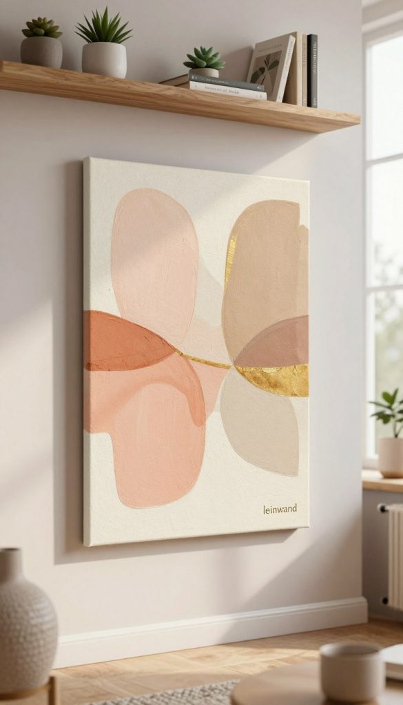 A beautifully crafted "leinwand" artwork hanging on a light-colored wall in a stylish, modern living room. In the foreground, there are distinct textures of the canvas, showcasing an abstract mix of warm tones—peach, soft beige, and muted gold—creating an inviting atmosphere. The middle ground features a wooden shelf adorned with small decorative items like potted succulents and art books, adding a cozy touch. In the background, a large window lets in soft, natural light, illuminating the space and casting gentle shadows. The entire scene exudes a Pinterest-inspired aesthetic, evoking feelings of warmth and inspiration. Include the brand name "KlickKiste" subtly incorporated into the artwork design for an authentic touch. A beautifully crafted "leinwand" artwork hanging on a light-colored wall in a stylish, modern living room. In the foreground, there are distinct textures of the canvas, showcasing an abstract mix of warm tones—peach, soft beige, and muted gold—creating an inviting atmosphere. The middle ground features a wooden shelf adorned with small decorative items like potted succulents and art books, adding a cozy touch. In the background, a large window lets in soft, natural light, illuminating the space and casting gentle shadows. The entire scene exudes a Pinterest-inspired aesthetic, evoking feelings of warmth and inspiration. Include the brand name "KlickKiste" subtly incorporated into the artwork design for an authentic touch.
