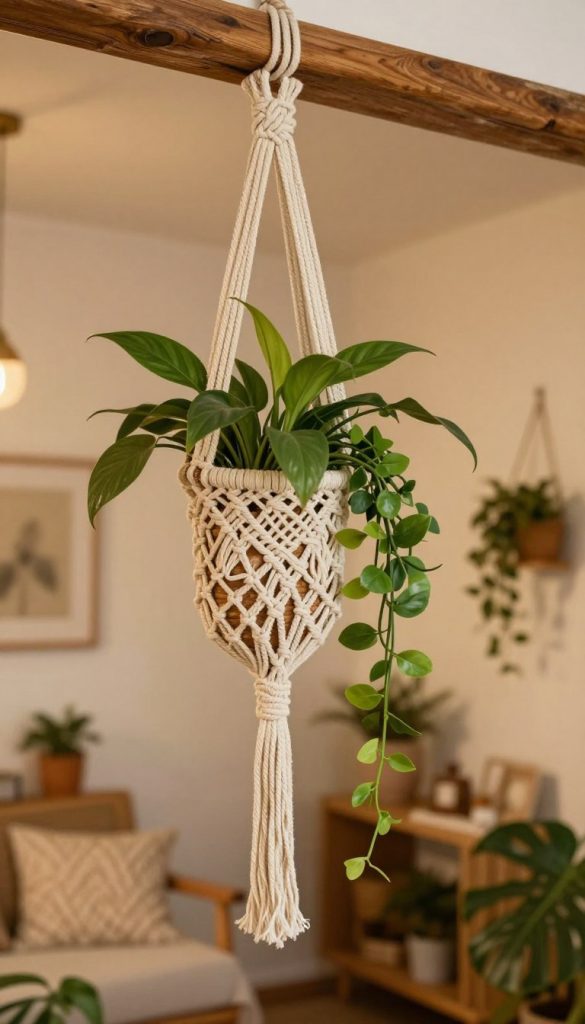 A beautifully crafted macramé plant hanger, elegantly draping from a wooden beam in a cozy, boho-style interior. The foreground features the intricate knots and textures of the macramé, showcasing its artisanal details. In the middle, lush green plants cascade gracefully, adding life and vibrancy to the scene. The background reveals a softly lit room with warm tones, featuring natural materials like wood and woven textiles that embody a relaxed, urban jungle aesthetic. The lighting is warm and inviting, creating a serene atmosphere reminiscent of a Pinterest inspiration board. Shot with a soft focus lens at a slight angle, highlighting both the macramé and the surrounding decor to evoke a sense of casual luxury. Incorporating elements from the brand "KlickKiste," the image inspires creativity in DIY home decor.