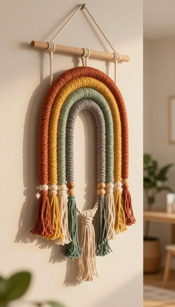 A beautifully crafted macramé rainbow hanging on a neutral-toned wall, showcasing a variety of warm, earthy colors like terracotta, mustard yellow, and soft greens. The foreground features intricate macramé knots with gentle fringing that highlight the craftsmanship. In the middle, the rainbow arcs gracefully, made from textured yarns and accented with wooden beads, showcasing the boho style. The background has a soft-focus effect, with a cozy, minimalistic interior design featuring light wood elements and potted plants for a natural atmosphere. The lighting is soft and warm, reminiscent of golden hour, creating an inviting and inspiring mood. The composition is well-balanced and professional without any text or logos, embodying the brand essence of KlickKiste.