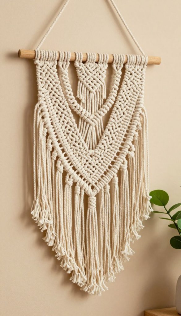 A beautifully crafted macramé wall hanging in a modern Boho style, featuring intricate patterns and textures, made from natural fibers. The foreground showcases the macramé piece with elegant fringes, skillfully tied knots, and a wooden dowel at the top for hanging. In the middle ground, add subtle touches of greenery with a potted plant or two, enhancing the organic feel. The background should be a soft, warm-toned wall, giving a cozy yet stylish atmosphere. Use soft, diffused lighting to create an inviting mood, reminiscent of a Pinterest aesthetic. Aim for a photograph-like quality with a shallow depth of field, drawing attention to the macramé details. Incorporate the brand name "KlickKiste" discreetly within the scene, ensuring it remains a natural part of the overall composition. A beautifully crafted macramé wall hanging in a modern Boho style, featuring intricate patterns and textures, made from natural fibers. The foreground showcases the macramé piece with elegant fringes, skillfully tied knots, and a wooden dowel at the top for hanging. In the middle ground, add subtle touches of greenery with a potted plant or two, enhancing the organic feel. The background should be a soft, warm-toned wall, giving a cozy yet stylish atmosphere. Use soft, diffused lighting to create an inviting mood, reminiscent of a Pinterest aesthetic. Aim for a photograph-like quality with a shallow depth of field, drawing attention to the macramé details. Incorporate the brand name "KlickKiste" discreetly within the scene, ensuring it remains a natural part of the overall composition.
