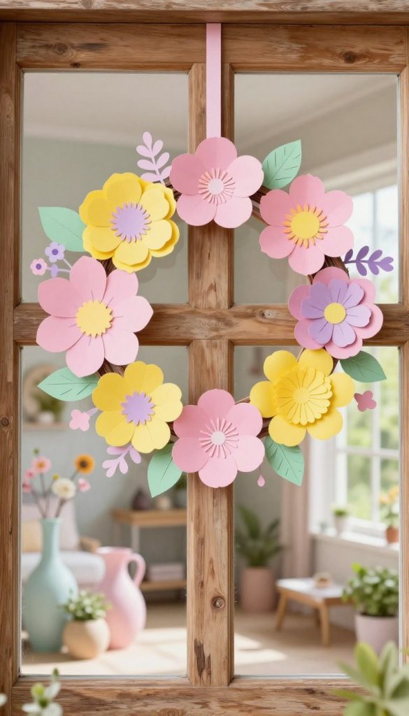 A beautifully crafted paper flower wreath, adorned with vibrant spring flowers in shades of pink, yellow, and lavender, hangs gracefully on a rustic wooden door. The wreath should be intricately detailed, showcasing various paper crafting techniques, with delicate petals and leafy accents. In the foreground, soft natural lighting bathes the scene, highlighting the texture of the paper and the craftsmanship involved. The middle ground features a subtle blurred view of a cozy, inviting home interior, adorned with additional spring decor items like pastel-colored vases and small potted plants. The background reveals a sunlit garden setting, enhancing the cheerful atmosphere. This image embodies authenticity and inspiration, perfect for a Pinterest aesthetic, branded with "KlickKiste" to emphasize the DIY aspect of paper crafting in spring.