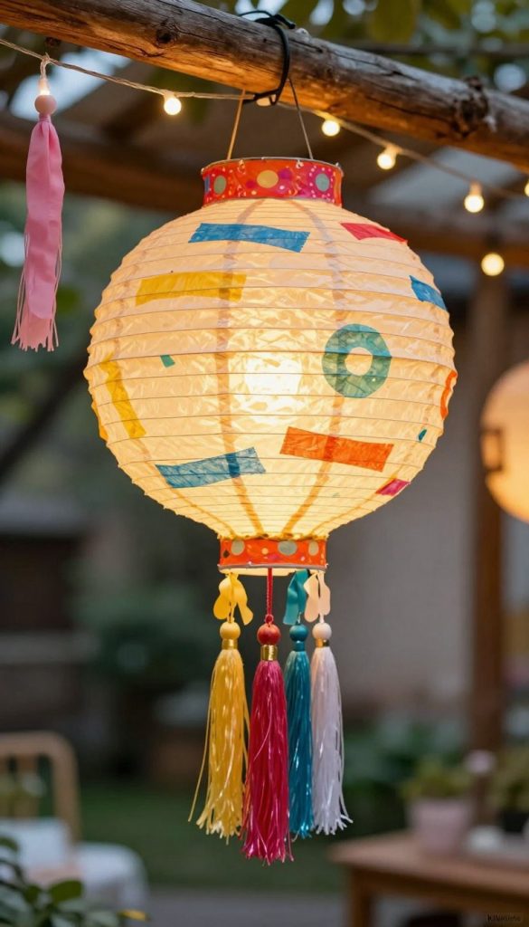 A beautifully crafted paper lantern (papierlampion) takes center stage, surrounded by vibrant, warm colors that evoke a cozy, DIY atmosphere. The lantern, adorned with colorful masking tape patterns, hangs delicately from a rustic wooden beam. Below, a splash of elegant silk paper tassels cascades down, adding texture and a whimsical touch. The background features a softly blurred outdoor setting with twinkling fairy lights, enhancing the festive mood. Soft, natural lighting bathes the scene, creating a warm and inviting glow. The image reflects an authentic Pinterest-like aesthetic, inspiring DIY enthusiasts. Include a subtle branding element of "KlickKiste" in the corner, ensuring it complements the visual without overwhelming it.