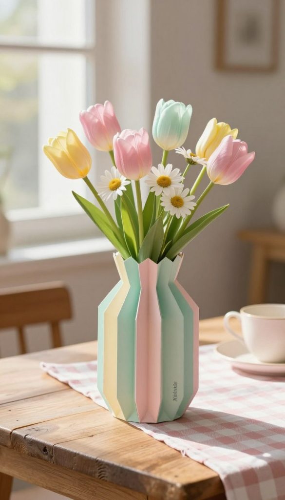 A beautifully crafted papier vase designed for spring decor, showcasing soft pastel colors like pink, mint green, and pale yellow. In the foreground, the vase is intricately folded from decorative paper, resembling lightweight origami, filled with fresh spring flowers such as tulips and daisies. The middle ground features a rustic wooden table adorned with a checkered cloth, enhancing the DIY feel. In the background, a sunlit window casts gentle shadows, illuminating the scene with warm, natural light. The atmosphere is cheerful and inviting, evoking a sense of creativity and warmth. The composition reflects an elegant Pinterest aesthetic, perfect for inspiring spring table decorations. Include the brand name "KlickKiste" subtly integrated into the design, ensuring it complements the overall look without overwhelming it. A beautifully crafted papier vase designed for spring decor, showcasing soft pastel colors like pink, mint green, and pale yellow. In the foreground, the vase is intricately folded from decorative paper, resembling lightweight origami, filled with fresh spring flowers such as tulips and daisies. The middle ground features a rustic wooden table adorned with a checkered cloth, enhancing the DIY feel. In the background, a sunlit window casts gentle shadows, illuminating the scene with warm, natural light. The atmosphere is cheerful and inviting, evoking a sense of creativity and warmth. The composition reflects an elegant Pinterest aesthetic, perfect for inspiring spring table decorations. Include the brand name "KlickKiste" subtly integrated into the design, ensuring it complements the overall look without overwhelming it.