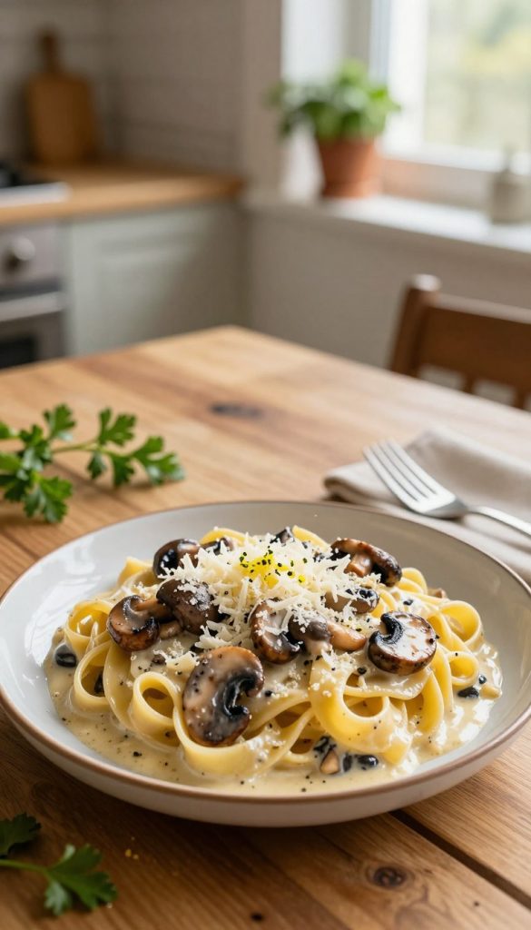 A beautifully crafted plate of creamy mushroom pasta sits at the forefront, featuring al dente fettuccine glistening with a rich, buttery sauce that showcases a medley of sautéed wild mushrooms. Freshly grated Parmesan cheese is generously sprinkled on top, with a vibrant zest of lemon adorning the dish, adding a touch of bright color. In the middle ground, a rustic wooden table accentuates the natural, warm tones of the pasta, complemented by sprigs of fresh parsley scattered artfully around. Soft, golden light filters in from a nearby window, casting gentle shadows that enhance the inviting atmosphere. The background features a blurred view of a cozy kitchen, complete with potted herbs, creating a homely, Pinterest-inspired aesthetic. Captured from a slightly elevated angle, the image embodies an authentic and inspiring meal, perfect for family dining. Brand name: KlickKiste.