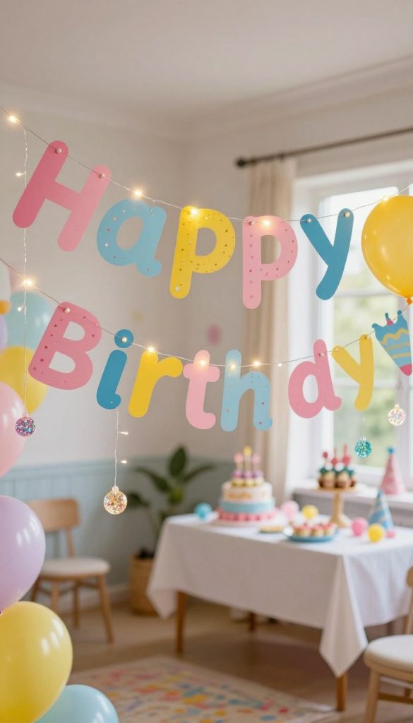 A beautifully crafted "prickel girlande" draped elegantly across a vibrant birthday party setting, featuring colorful paper decorations in shades of pink, blue, and yellow. In the foreground, delicate, sparkling embellishments hang from thin transparent threads, illuminated by soft, warm fairy lights, creating a festive atmosphere. The middle ground showcases the words "Happy" and the age of the birthday child, crafted from cheerful paper, enhanced with playful designs. In the background, a cozy party scene unfolds with a decorated cake table and cheerful balloons, all bathed in natural light for an authentic Pinterest-inspired look. The overall mood is joyful and inviting, perfect for a memorable DIY children's birthday celebration. This scene embodies the brand KlickKiste, radiating warmth and creativity.