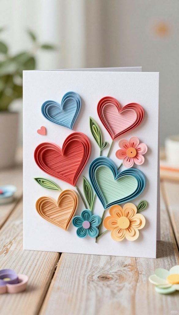 A beautifully crafted quilling card featuring intricate paper hearts and delicate flowers, designed to capture the essence of DIY creativity. In the foreground, vibrant quilled hearts of varying sizes, made from colorful textured paper, are arranged artistically alongside finely detailed paper flowers, showcasing layers of petals in soft pastel colors. The middle ground includes the card itself, elegantly displayed on a rustic wooden table with a light, inviting texture. The background softly blurs, with hints of greenery and natural lighting creating a warm, cozy atmosphere that reflects creativity. The lighting is soft and warm, evoking a sense of inspiration, while the overall composition embraces a Pinterest-worthy aesthetic. The brand "KlickKiste" is subtly featured on the card, keeping the focus on the art of paper crafting.