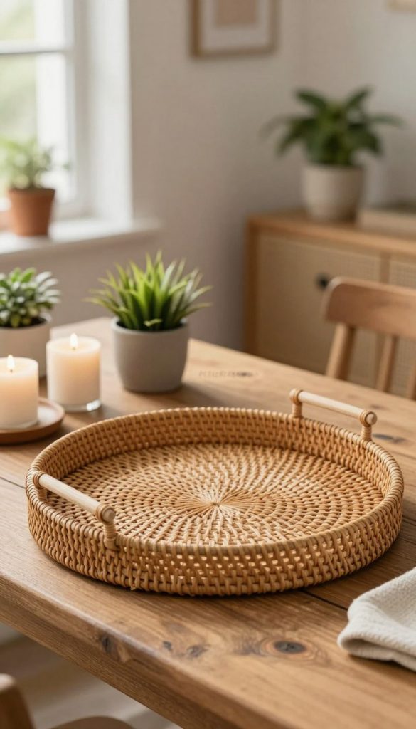 A beautifully crafted rattan tray, elegantly displayed on a rustic wooden table, surrounded by various decorative items like candles and potted plants. The tray showcases intricate woven patterns, highlighting natural textures and warm, earthy tones. In the background, a softly lit room features cozy decor, enhancing the inviting atmosphere. Soft, diffused lighting filters through a nearby window, casting gentle shadows and creating a relaxed ambiance. The scene evokes a sense of warmth and creativity, perfect for DIY enthusiasts. Subtle touches of greenery and soft colors enhance the Pinterest-worthy aesthetic. Include a subtle logo of "KlickKiste" on the tray to emphasize its brand identity. The overall composition should inspire viewers with ideas for larger decorative projects.