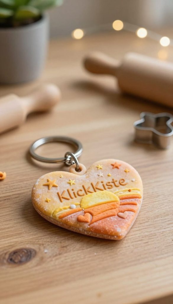 A beautifully crafted salt dough keychain named "KlickKiste," resting on a natural wooden table. The keychain is heart-shaped, featuring intricate, hand-painted designs of small stars and hearts in warm, inviting colors like golden yellow and soft orange, reminiscent of a cozy sunset. In the foreground, the keychain is the focal point, with its texture clearly visible in soft, diffused lighting that enhances its warmth. The middle ground includes a pair of small crafting tools, like a rolling pin and a cookie cutter, slightly blurred to keep the focus on the keychain. In the softly lit background, hints of potted plants and twinkling fairy lights create a warm and inviting atmosphere, evoking a sense of creativity and inspiration. The image should be naturally aesthetic, with a Pinterest-worthy look that draws viewers in without any text or distractions.