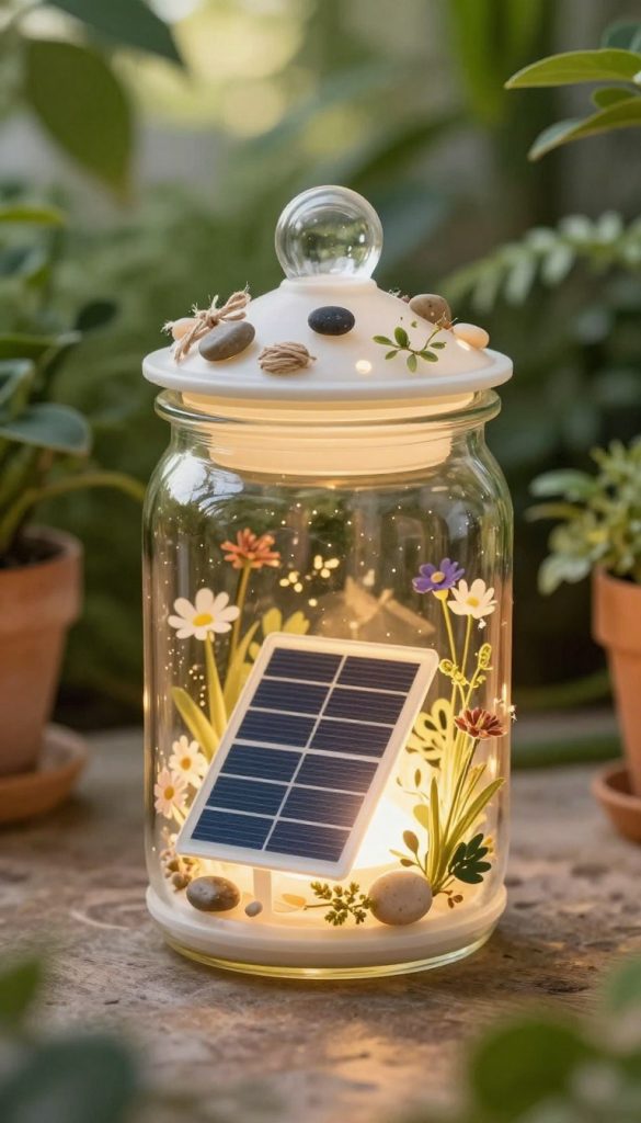 A beautifully crafted solar garden lantern nestled in a glass jar lid, showcasing the intricate details of nature-inspired DIY design. The foreground features a translucent, softly glowing lantern, with delicate solar panels and warm, inviting light spilling out, creating a cozy ambiance. In the middle, the jar lid is adorned with small pieces of twine, artificial flowers, and pebbles, reflecting the elements of a DIY project. The background captures a serene garden setting, lush with greenery and soft sunlight filtering through the leaves, adding a touch of warmth and tranquility. The overall mood is peaceful and inspiring, reminiscent of Pinterest aesthetics. The brand name "KlickKiste" is subtly incorporated into the design of the lantern, blending harmoniously with the natural elements.