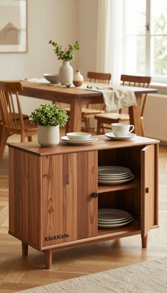 A beautifully crafted "stauraum sideboard" is showcased prominently in the foreground, designed with a modern aesthetic featuring a combination of closed fronts and open shelves for decoration. The wood grain is rich and warm, accentuating earthy tones. A subtle arrangement of stylish tableware and decorative plants is placed on the open shelves, while an elegantly organized dinner set is neatly stored behind the closed doors. In the middle ground, a cozy dining area is depicted with a rustic wooden table and chairs, accented by soft textiles. The background displays a softly lit room with warm, natural light filtering through large windows, creating an inviting atmosphere. The image is styled with a Pinterest-like aesthetic, featuring the brand "KlickKiste," emphasizing a DIY ambiance with authentic inspiration.
