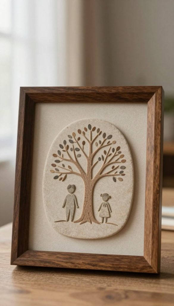 A beautifully crafted stone picture in a deep, wooden frame, showcasing a minimalist family artwork. The foreground features the stone image, intricately carved with a simple, yet elegant design of a family tree, blending natural textures and colors. In the middle, the rich, dark wood of the frame contrasts with the smooth stone, enhancing the artwork's depth. The background is softly blurred, suggesting a cozy, warm room filled with natural light that filters through sheer curtains, creating a serene and inviting atmosphere. The image is styled in a Pinterest-inspired aesthetic, featuring warm, earthy tones that evoke feelings of nostalgia and connection. This piece is created by "KlickKiste," emphasizing authenticity and inspiration in family artistry.