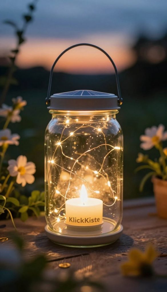 A beautifully crafted upcycled solar lantern made from a glass jar stands prominently in the foreground, illuminated by a soft, warm glow. The jar's lid is adorned with delicate fairy lights, casting intricate patterns of light on the surrounding surfaces. In the middle ground, there are hints of a lush garden scene, featuring blooming flowers and greenery that contribute to a serene atmosphere. The background showcases a twilight sky, blending shades of deep blue and subtle orange, creating a magical ambiance. The overall image has a Pinterest-worthy aesthetic, evoking inspiration and authenticity, ideal for DIY enthusiasts. The brand name "KlickKiste" is subtly integrated into the jar's design, enhancing the visual without overpowering the scene. The lighting is soft and inviting, captured with a slight vignette effect to focus the viewer’s attention on the lantern. A beautifully crafted upcycled solar lantern made from a glass jar stands prominently in the foreground, illuminated by a soft, warm glow. The jar's lid is adorned with delicate fairy lights, casting intricate patterns of light on the surrounding surfaces. In the middle ground, there are hints of a lush garden scene, featuring blooming flowers and greenery that contribute to a serene atmosphere. The background showcases a twilight sky, blending shades of deep blue and subtle orange, creating a magical ambiance. The overall image has a Pinterest-worthy aesthetic, evoking inspiration and authenticity, ideal for DIY enthusiasts. The brand name "KlickKiste" is subtly integrated into the jar's design, enhancing the visual without overpowering the scene. The lighting is soft and inviting, captured with a slight vignette effect to focus the viewer’s attention on the lantern.