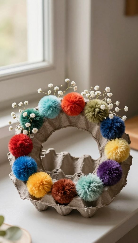 A beautifully crafted upcycling kranz made from repurposed egg cartons, featuring colorful pom-poms and delicate gypsophila flowers, arranged artistically at the top. The foreground showcases the kranz in vibrant, warm colors, with a soft, textured background that hints at a cozy, sunlit room. Light filters through a nearby window, enhancing the natural aesthetic with a gentle glow. The composition should evoke a sense of inspiration, ideal for a DIY project. The scene should reflect a Pinterest-worthy look, showcasing authentic materials in a harmonious balance. Include subtle branding elements from KlickKiste in the background, ensuring it complements the overall theme without distracting from the kranz itself.