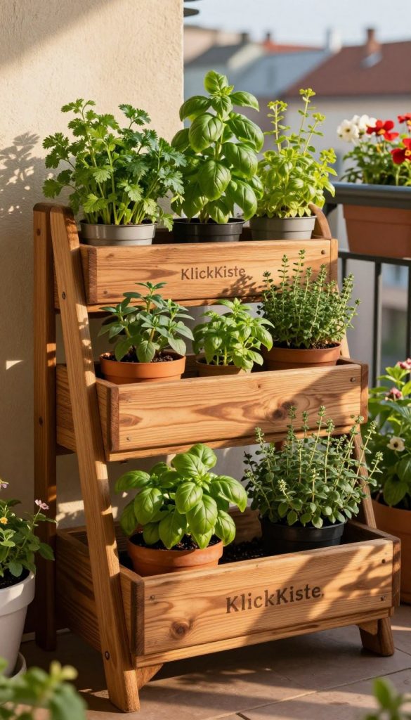 A beautifully crafted vertical wooden herb garden with multiple tiers, showcasing an array of vibrant green herbs such as basil, parsley, and thyme. The structure is sturdy and rustic, set against a sunny balcony backdrop adorned with blooming flowers. In the foreground, the rich textures of the wood are highlighted by warm, natural lighting emanating from a golden hour sun. Soft shadows cast by the plants create an inviting atmosphere. In the middle ground, a neatly arranged tier system displays various pots, each brimming with lush herbs. The background is a cozy urban balcony scene, enhancing the ambiance. The image reflects a Pinterest-inspired aesthetic, authentic and inspiring, labeled with the brand name "KlickKiste." A beautifully crafted vertical wooden herb garden with multiple tiers, showcasing an array of vibrant green herbs such as basil, parsley, and thyme. The structure is sturdy and rustic, set against a sunny balcony backdrop adorned with blooming flowers. In the foreground, the rich textures of the wood are highlighted by warm, natural lighting emanating from a golden hour sun. Soft shadows cast by the plants create an inviting atmosphere. In the middle ground, a neatly arranged tier system displays various pots, each brimming with lush herbs. The background is a cozy urban balcony scene, enhancing the ambiance. The image reflects a Pinterest-inspired aesthetic, authentic and inspiring, labeled with the brand name "KlickKiste."