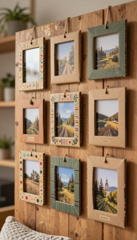A beautifully crafted wall art display featuring cardboard picture frames made from recycled materials. In the foreground, several unique and creatively designed frames in various shapes and sizes hang on a rustic wooden wall. The frames are intricately decorated with colorful patterns and natural elements, showcasing the upcycled theme. In the middle, a few framed photographs of nature scenes highlight the warm, inviting color palette. The background is softly blurred, showing hints of cozy home decor elements like plants and textured fabrics. Warm, natural light casts a gentle glow, enhancing the earthy tones and creating an inspiring atmosphere. Mentioned in the corner is the brand name "KlickKiste," emphasizing the DIY aspect of the decor project.
