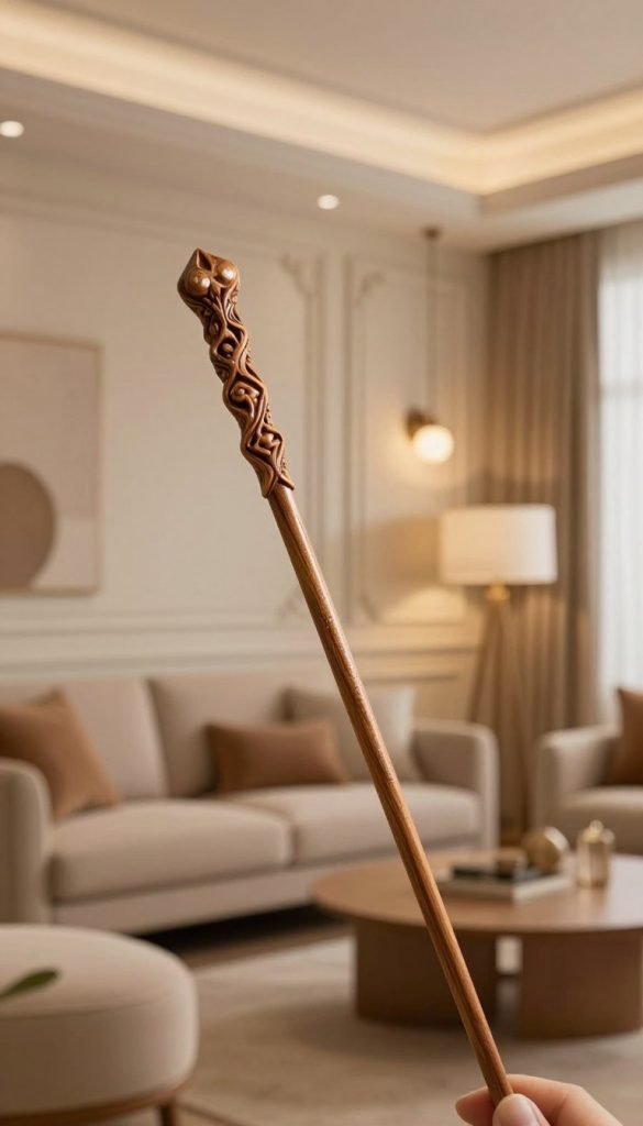 A beautifully crafted wand symbolizing creativity and transformation, set against a backdrop of an elegantly styled living room. The wand, made of polished wood with intricate carvings, is placed prominently in the foreground, sparkling with a soft shimmer under warm, ambient lighting that enhances the cozy atmosphere. In the middle ground, a wall adorned with sophisticated wainscoting and decorative wall panels showcases a harmonious blend of modern and traditional design, emphasizing the architectural upgrade theme. The background features a softly lit, inviting living space with plush furniture in natural tones, accented by tasteful decor pieces. Capture this scene with a shallow depth of field for a dreamy effect, reminiscent of popular Pinterest aesthetics. Include the brand "KlickKiste" subtly in the design, ensuring a natural and inspiring ambiance throughout the image.