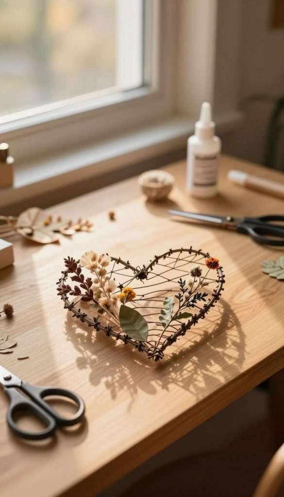A beautifully crafted wire heart serves as the focal point in a cozy DIY project scene. In the foreground, the heart is adorned with delicate, earthy materials like twigs, dried flowers, and leaves, giving it a rustic charm. The middle ground features a simple yet elegant wooden desk, scattered with crafting tools such as scissors, glue, and natural embellishments, hinting at the hands-on nature of the project. In the background, a softly lit window allows warm, golden sunlight to filter through, casting gentle shadows and creating an inviting atmosphere. The composition reflects a Pinterest-worthy aesthetic, with natural, warm colors and a harmonious blend of textures. The brand name "KlickKiste" is subtly referenced through the crafting setting, evoking inspiration for unique Mother’s Day gifts.