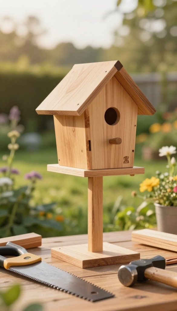 A beautifully crafted wooden birdhouse, representing a DIY project, is set against a soft, sunlit background that exudes warmth and inspiration. The birdhouse, made from natural materials, showcases intricate details like texture in the wood, small entry holes, and a playful design. In the foreground, tools like a saw, hammer, and wood pieces are artfully arranged, hinting at the crafting process. The middle ground features a lush garden scene with vibrant green foliage and wildflowers, enhancing the feeling of being in nature. The background softly blurs into a serene landscape of trees, suggesting a peaceful outdoor setting. The lighting is warm and inviting, mimicking golden hour, creating an authentic Pinterest-inspired atmosphere. The image reflects the essence of "KlickKiste," sparking creativity and inspiration for DIY enthusiasts. A beautifully crafted wooden birdhouse, representing a DIY project, is set against a soft, sunlit background that exudes warmth and inspiration. The birdhouse, made from natural materials, showcases intricate details like texture in the wood, small entry holes, and a playful design. In the foreground, tools like a saw, hammer, and wood pieces are artfully arranged, hinting at the crafting process. The middle ground features a lush garden scene with vibrant green foliage and wildflowers, enhancing the feeling of being in nature. The background softly blurs into a serene landscape of trees, suggesting a peaceful outdoor setting. The lighting is warm and inviting, mimicking golden hour, creating an authentic Pinterest-inspired atmosphere. The image reflects the essence of "KlickKiste," sparking creativity and inspiration for DIY enthusiasts.