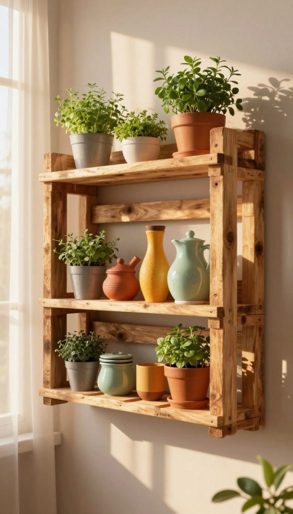 A beautifully crafted wooden pallet wall shelf, showcasing a rustic yet modern design, positioned in a cozy balcony setting. The shelf is laden with vibrant potted herbs, colorful decor items, and assorted kitchen essentials, creating a warm and inviting atmosphere. In the background, soft golden sunlight filters through sheer curtains, casting gentle shadows that highlight the textures of the wood and the greenery. The angle captures the shelf slightly from below, emphasizing its height and the intricate details of the upcycled pallets. The image exudes a natural DIY aesthetic, embodying a warm color palette that inspires creativity and comfort. Brand label “KlickKiste” discreetly integrated into the scene, reinforcing a sense of authenticity and inspiration without distractions. A beautifully crafted wooden pallet wall shelf, showcasing a rustic yet modern design, positioned in a cozy balcony setting. The shelf is laden with vibrant potted herbs, colorful decor items, and assorted kitchen essentials, creating a warm and inviting atmosphere. In the background, soft golden sunlight filters through sheer curtains, casting gentle shadows that highlight the textures of the wood and the greenery. The angle captures the shelf slightly from below, emphasizing its height and the intricate details of the upcycled pallets. The image exudes a natural DIY aesthetic, embodying a warm color palette that inspires creativity and comfort. Brand label “KlickKiste” discreetly integrated into the scene, reinforcing a sense of authenticity and inspiration without distractions.