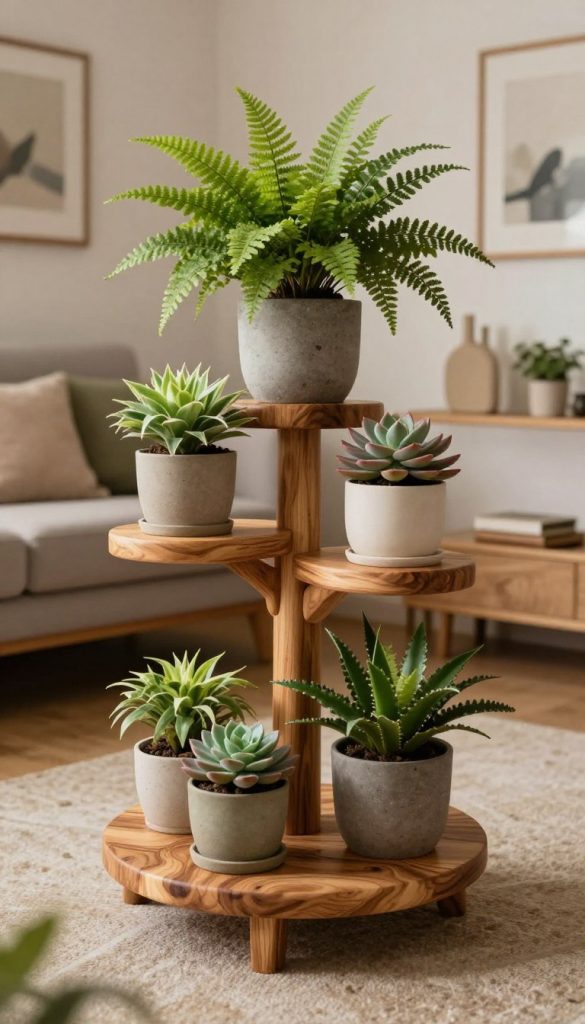 A beautifully crafted wooden plant stand designed for a cozy living room setting. The plant stand features natural wood grains and a warm finish, showcasing an elegant yet rustic aesthetic. In the foreground, a variety of potted plants, including vibrant green ferns and colorful succulents, are artfully arranged on the stand, emphasizing the DIY aspect. The middle ground reveals soft, diffused lighting, creating a warm and inviting atmosphere. In the background, a stylish living room with tasteful decor complements the plant stand, capturing the Pinterest-inspired look. The composition is framed at a slight angle to emphasize depth and dimension, while a subtle glow highlights the textures of the wood. This image represents the brand "KlickKiste," blending authenticity and inspiration.
