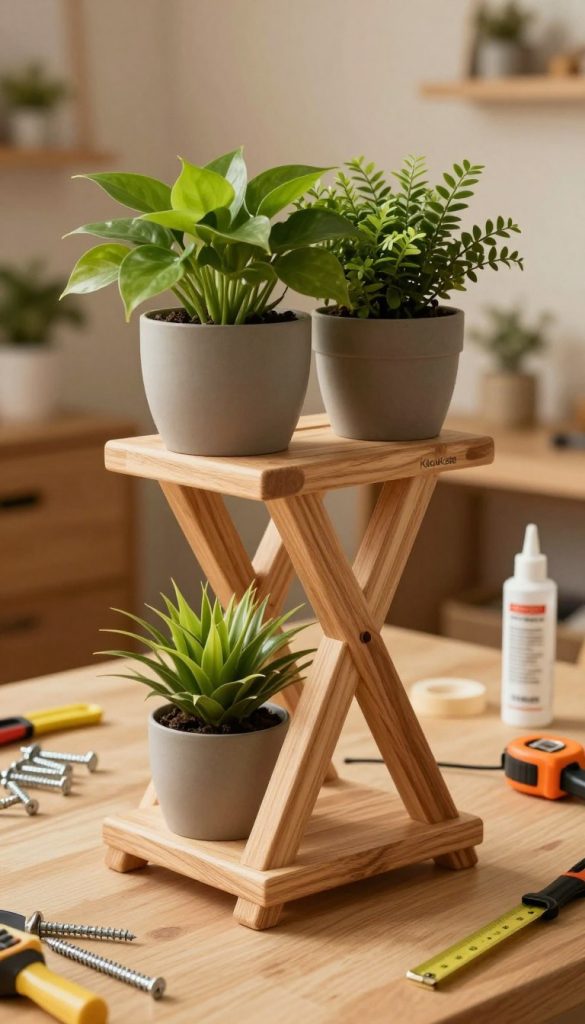 A beautifully crafted wooden plant stand with a natural finish, showcasing a blend of overlapping and joined techniques, highlighting the construction methods discussed. The foreground features the stand prominently, adorned with lush green plants thriving in elegant pots. In the middle, a well-lit workspace is visible, with tools like screws, glue, and measuring tape neatly arranged, reflecting a DIY atmosphere. The background offers a glimpse of a cozy, softly lit room with wooden elements and warm colors, creating an inviting and inspirational ambiance. The lighting is warm and soft, enhancing the natural textures of the wood. Include the brand name "KlickKiste" subtly integrated into the scene, without being distracting. The overall mood should evoke creativity and beginner-friendly DIY inspiration.