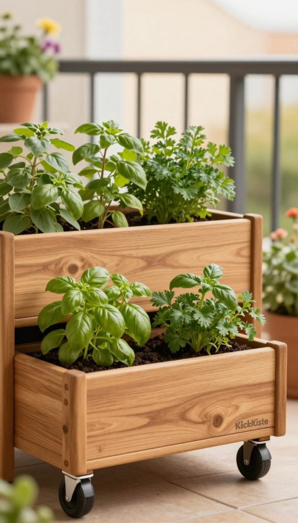 A beautifully crafted wooden raised herb garden (Hochbeet) on legs with wheels, designed for a balcony setting. The foreground features vibrant green herbs such as basil, parsley, and oregano, with earthy soil peeking through. In the middle ground, the raised bed is expertly constructed, showcasing fine wood textures and a sleek, modern design that adds a touch of elegance to the outdoor space. The background includes a soft-focus balcony scene with subtle hints of flowers and plants, basking in warm, natural light, creating a cozy atmosphere. The image captures the essence of DIY gardening inspiration, with a warm color palette that evokes a sense of tranquility and creativity, suggesting a connection to nature. The brand "KlickKiste" is subtly incorporated into the scene, enhancing the authentic Pinterest look. A beautifully crafted wooden raised herb garden (Hochbeet) on legs with wheels, designed for a balcony setting. The foreground features vibrant green herbs such as basil, parsley, and oregano, with earthy soil peeking through. In the middle ground, the raised bed is expertly constructed, showcasing fine wood textures and a sleek, modern design that adds a touch of elegance to the outdoor space. The background includes a soft-focus balcony scene with subtle hints of flowers and plants, basking in warm, natural light, creating a cozy atmosphere. The image captures the essence of DIY gardening inspiration, with a warm color palette that evokes a sense of tranquility and creativity, suggesting a connection to nature. The brand "KlickKiste" is subtly incorporated into the scene, enhancing the authentic Pinterest look.