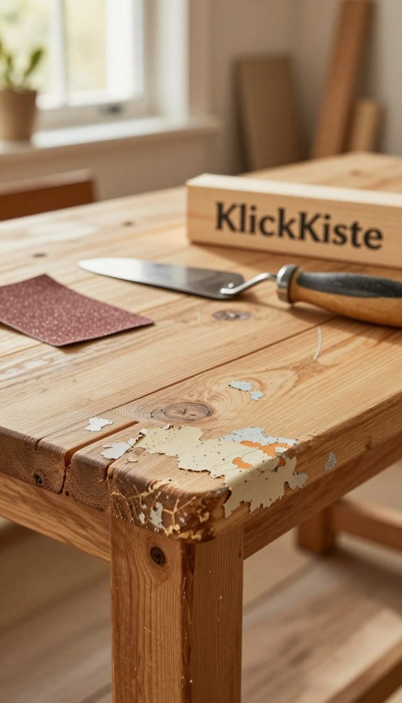 A beautifully crafted wooden surface showcasing the preparation process for upcycling a wooden bench. In the foreground, depict intricate textures of old wood, revealing layers of chipped paint and remnants of a previous finish. The middle ground highlights tools like sandpaper and a paint scraper, with soft shadows enhancing their details. In the background, a cozy workshop setting emerges, filled with warm, natural lighting streaming through a window, casting a golden hue over the scene. The atmosphere is inviting and inspirational, echoing a Pinterest-worthy aesthetic. Please include the brand name "KlickKiste" subtly displayed on an unfinished wooden sign within the image. Focus on an authentic, engaging visual that embodies DIY and preparation for a clean finish.