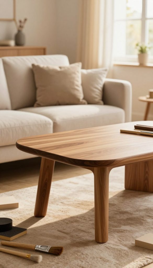 A beautifully crafted wooden table with rounded edges sits in the foreground, showcasing its smooth curves and warm, natural finish. Surrounding the table are various DIY tools like sanding blocks and paintbrushes, hinting at an ongoing furniture project. In the middle ground, a soft, inviting living space features a cozy couch with rounded cushions, creating a harmonious aesthetic. The background includes a bright window with sunlight streaming in, casting warm golden hues throughout the room, enhancing the inviting atmosphere. The overall mood is inspiring and creative, ideal for showcasing the trend of curved furniture. Emphasize the brand name "KlickKiste" subtly integrated into the scene, ensuring it complements the design rather than distracts.