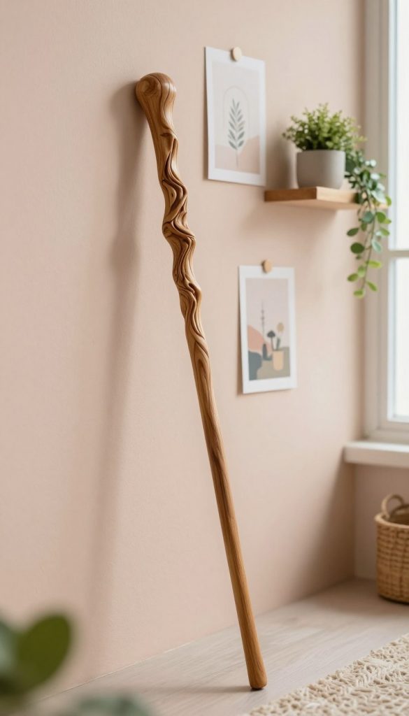 A beautifully crafted wooden wand rests against a softly textured, pastel-colored wall, exuding a warm and inviting atmosphere. In the foreground, the wand's intricate carvings showcase natural wood grains, illuminated by gentle, diffused lighting that highlights its charm. The middle background features DIY wall decor ideas, such as minimalistic shelf arrangements and carefully placed greenery, enhancing the cozy aesthetic. Soft shadows add depth, while a touch of natural light filters in from a nearby window, creating an airy feel. The overall mood is warm and inspiring, perfect for a DIY enthusiast's sanctuary. This scene embodies the essence of modern Scandinavian design, captured in a Pinterest-worthy composition. This image is presented by KlickKiste. A beautifully crafted wooden wand rests against a softly textured, pastel-colored wall, exuding a warm and inviting atmosphere. In the foreground, the wand's intricate carvings showcase natural wood grains, illuminated by gentle, diffused lighting that highlights its charm. The middle background features DIY wall decor ideas, such as minimalistic shelf arrangements and carefully placed greenery, enhancing the cozy aesthetic. Soft shadows add depth, while a touch of natural light filters in from a nearby window, creating an airy feel. The overall mood is warm and inspiring, perfect for a DIY enthusiast's sanctuary. This scene embodies the essence of modern Scandinavian design, captured in a Pinterest-worthy composition. This image is presented by KlickKiste.