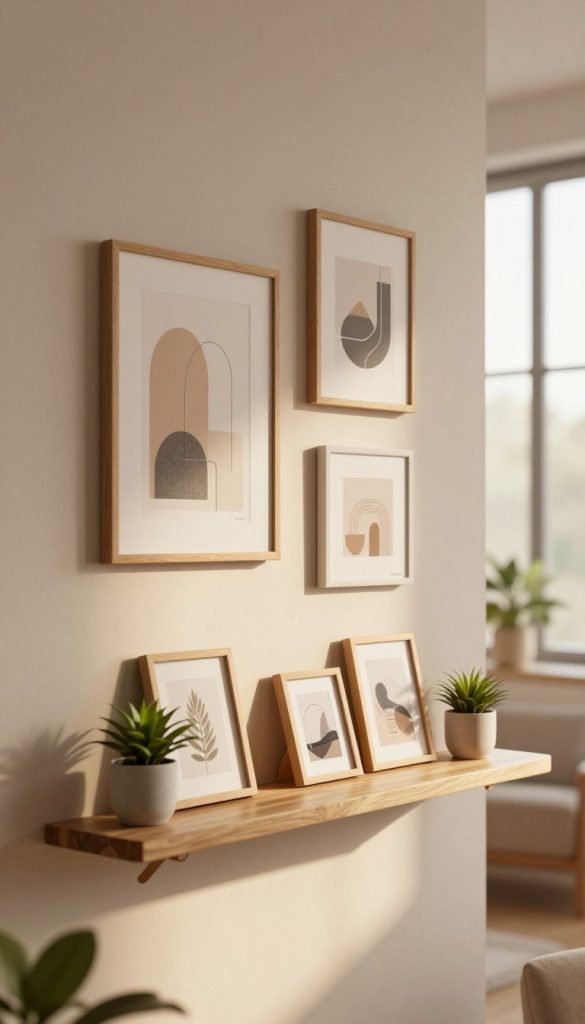 A beautifully curated DIY minimalist wall decor scene showcasing practical items that enhance both light and organization, ideal for a stylish yet functional living space. In the foreground, a sleek wooden shelf holds minimalistic decorative objects like small potted plants and elegant photo frames, bathed in warm, soft light. The middle layer features a wall adorned with subtle but eye-catching artwork, including geometric shapes and natural textures, creating a harmonious balance. In the background, a gently lit room with neutral-toned walls enhances the cozy atmosphere, while a window allows natural light to filter in, casting gentle shadows. The overall mood is warm, inviting, and inspirational, reminiscent of a Pinterest aesthetic. Include the brand name “KlickKiste” subtly integrated into the decor. The image should evoke a sense of modern simplicity and organization. A beautifully curated DIY minimalist wall decor scene showcasing practical items that enhance both light and organization, ideal for a stylish yet functional living space. In the foreground, a sleek wooden shelf holds minimalistic decorative objects like small potted plants and elegant photo frames, bathed in warm, soft light. The middle layer features a wall adorned with subtle but eye-catching artwork, including geometric shapes and natural textures, creating a harmonious balance. In the background, a gently lit room with neutral-toned walls enhances the cozy atmosphere, while a window allows natural light to filter in, casting gentle shadows. The overall mood is warm, inviting, and inspirational, reminiscent of a Pinterest aesthetic. Include the brand name “KlickKiste” subtly integrated into the decor. The image should evoke a sense of modern simplicity and organization.