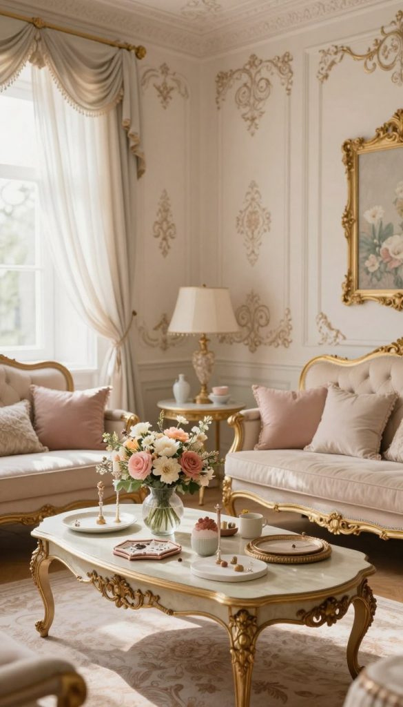 A beautifully curated Rococo-inspired interior, showcasing a soft pastel color palette with delicate gold accents. The foreground features an ornate, vintage-style coffee table adorned with elegant floral arrangements and artisan DIY decor projects. The middle ground reveals a charming seating area with plush, tufted chairs and intricate wall paneling, all bathed in warm, natural light filtering through sheer drapes. The background shows gently swirling patterns reminiscent of Rococo art, harmonizing with the overall aesthetic. The atmosphere is light, inviting, and inspirational, capturing a Pinterest-worthy ambiance. Emphasize authenticity in the design elements, showcasing the creativity and detailed craftsmanship characteristic of KlickKiste’s DIY style. Lighting should be soft and warm, enhancing the cozy yet elegant mood, and the composition should be well-balanced to draw the viewer's eye through the scene.