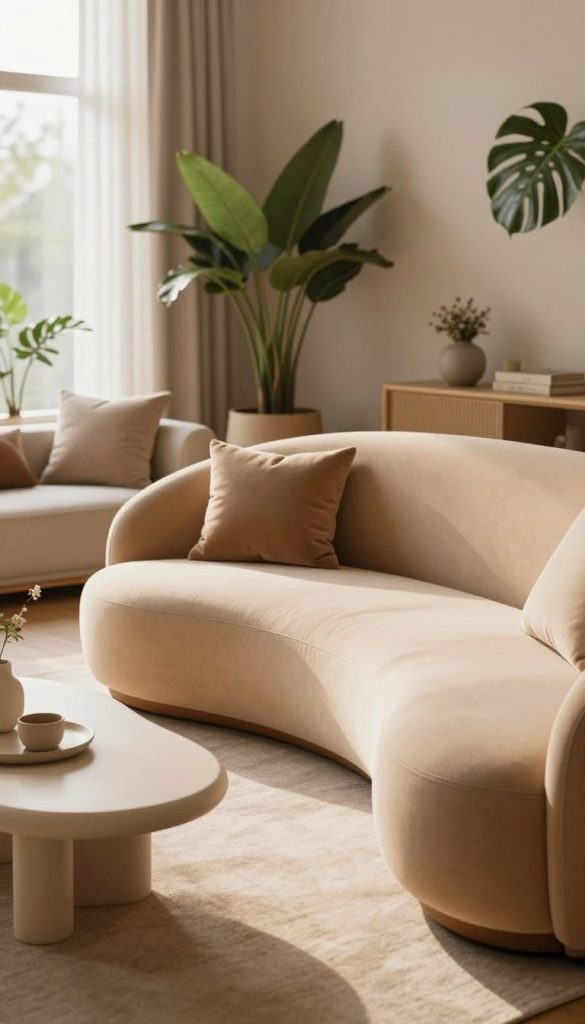 A beautifully curated interior scene featuring rounded-edge furniture designed by KlickKiste. In the foreground, a soft, rounded sofa upholstered in warm beige fabric, accompanied by a sculptural coffee table with smooth curves, all bathed in soft, natural light streaming through a large window. In the middle ground, a cozy, inviting area adorned with potted plants and plush cushions, evoking a sense of calm. In the background, muted pastel walls add a serene feel, enhancing the cozy atmosphere. The image should have a warm color palette with earthy tones, emphasizing the soothing properties of curved edges in furniture design. The composition captures the essence of a tranquil, stylish living space, perfect for a DIY article about curved furniture trends.