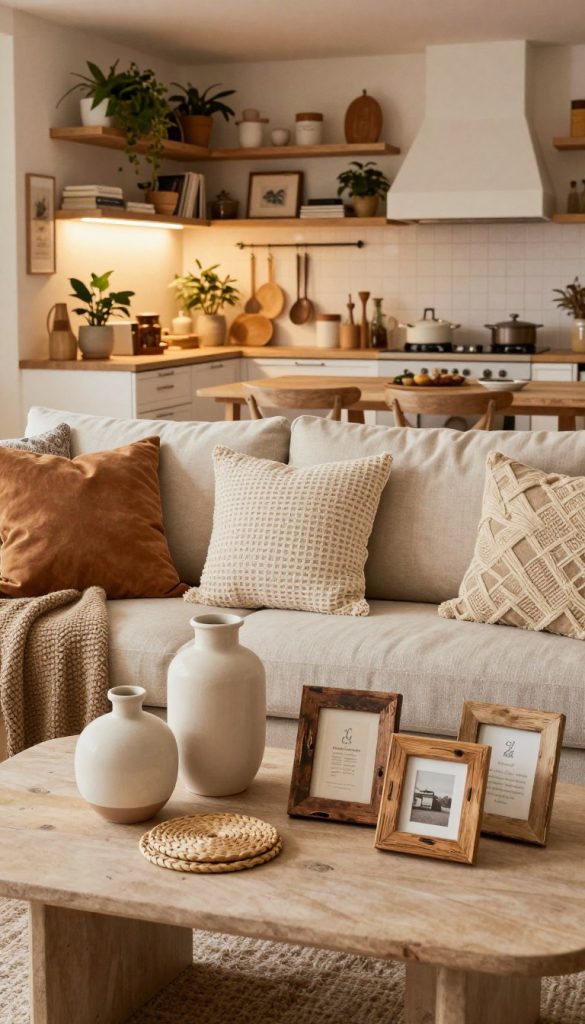 A beautifully curated living space that embodies a design mix with personality, showcasing various DIY home accessories in warm, natural colors. In the foreground, a stylish, slightly disheveled coffee table with unique handmade decor items—ceramic vases, woven coasters, and reclaimed wood picture frames. The middle layer features a cozy seating area with mismatched cushions that reflect different textures and patterns, creating an inviting atmosphere. In the background, a subtly lit, open kitchen and shelves filled with plants, books, and artisanal crafts, all enhancing the homely feel. The lighting is soft and warm, evoking a welcoming ambiance. Capture the essence of homemade charm with a Pinterest-inspired aesthetic, featuring the brand "KlickKiste" subtly integrated within the decor.