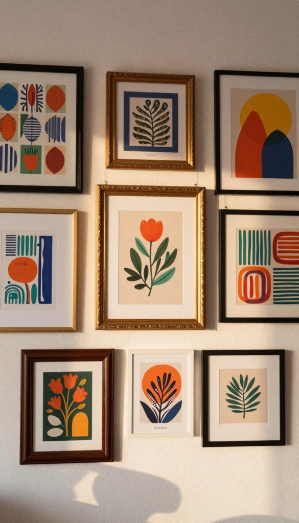 A beautifully curated wall gallery showcasing an eclectic mix of prints and frames, embodying a maximalist aesthetic. In the foreground, various framed art pieces displaying vibrant colors and bold patterns, arranged in an artistic asymmetry, some with ornate, vintage-style frames, while others are sleek and modern. In the middle, a warm, inviting lighting casts soft shadows, enhancing the textures of the frames and prints. The background features a softly textured wall in a neutral tone, allowing the gallery to pop without distraction. The scene conveys a cozy, inspirational atmosphere, perfect for DIY enthusiasts, echoing a Pinterest aesthetic. The brand name "KlickKiste" is subtly integrated into the overall design, enhancing the authenticity of the look.