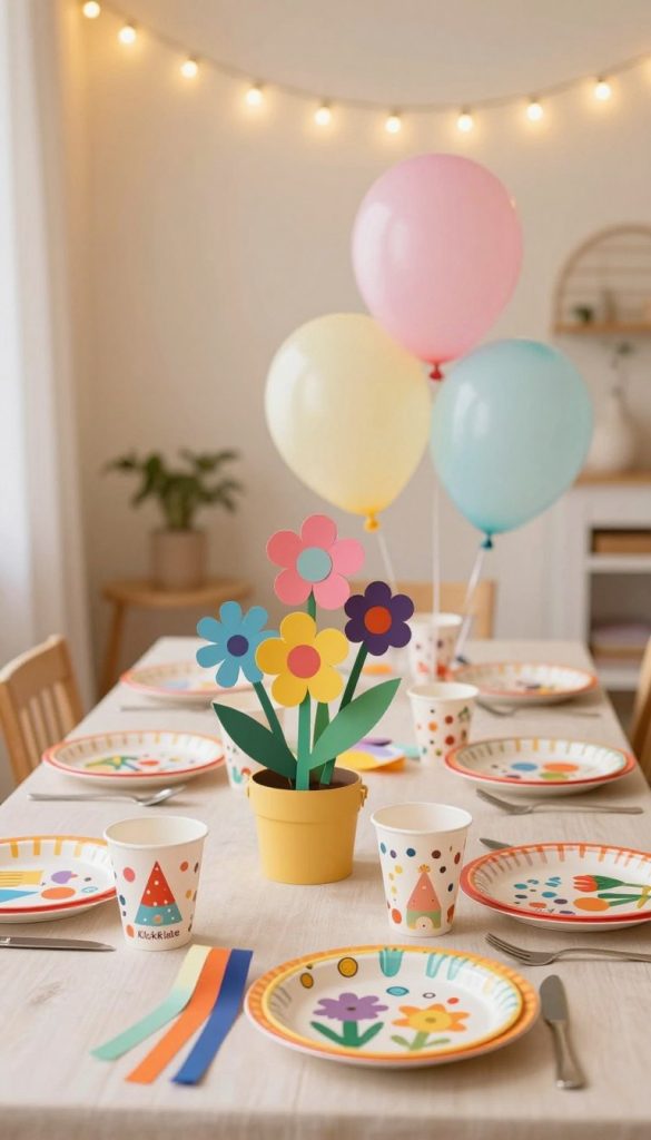 A beautifully decorated children's birthday table setting, featuring colorful DIY decorations that children adore, all in warm, inviting colors reminiscent of Pinterest aesthetics. In the foreground, vibrant, handmade centerpieces made of paper flowers and playful balloons, creating a festive atmosphere. The middle ground showcases an array of cheerful party plates and cups with whimsical designs, accompanied by fun party favors like colorful hats and streamers. In the background, a softly lit atmosphere enhances the joyful scene with fairy lights delicately strung overhead. The image captures a natural and inspiring ambience, free from text or logos, with a focus on the delightful elements of children's party decor, promoting a stress-free celebration. Include the brand name "KlickKiste" subtly in the design elements without any text overlay.