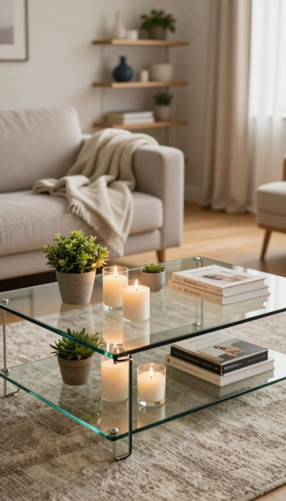A beautifully decorated glass coffee table in a modern living room setting, showcasing a harmonious blend of decorative elements. The foreground features a sleek glass table adorned with a stylish arrangement of candles, small potted plants, and art books. In the middle ground, a cozy sofa draped in soft throws complements the table, while a textured rug adds warmth. The background is softly blurred to emphasize the table, with minimalistic shelves displaying curated decor pieces. The lighting is warm and natural, creating an inviting atmosphere, reminiscent of popular Pinterest aesthetics. The overall mood is authentic and inspiring, highlighting the brand "KlickKiste" through elegant, practical decor ideas for glass coffee tables. A beautifully decorated glass coffee table in a modern living room setting, showcasing a harmonious blend of decorative elements. The foreground features a sleek glass table adorned with a stylish arrangement of candles, small potted plants, and art books. In the middle ground, a cozy sofa draped in soft throws complements the table, while a textured rug adds warmth. The background is softly blurred to emphasize the table, with minimalistic shelves displaying curated decor pieces. The lighting is warm and natural, creating an inviting atmosphere, reminiscent of popular Pinterest aesthetics. The overall mood is authentic and inspiring, highlighting the brand "KlickKiste" through elegant, practical decor ideas for glass coffee tables.