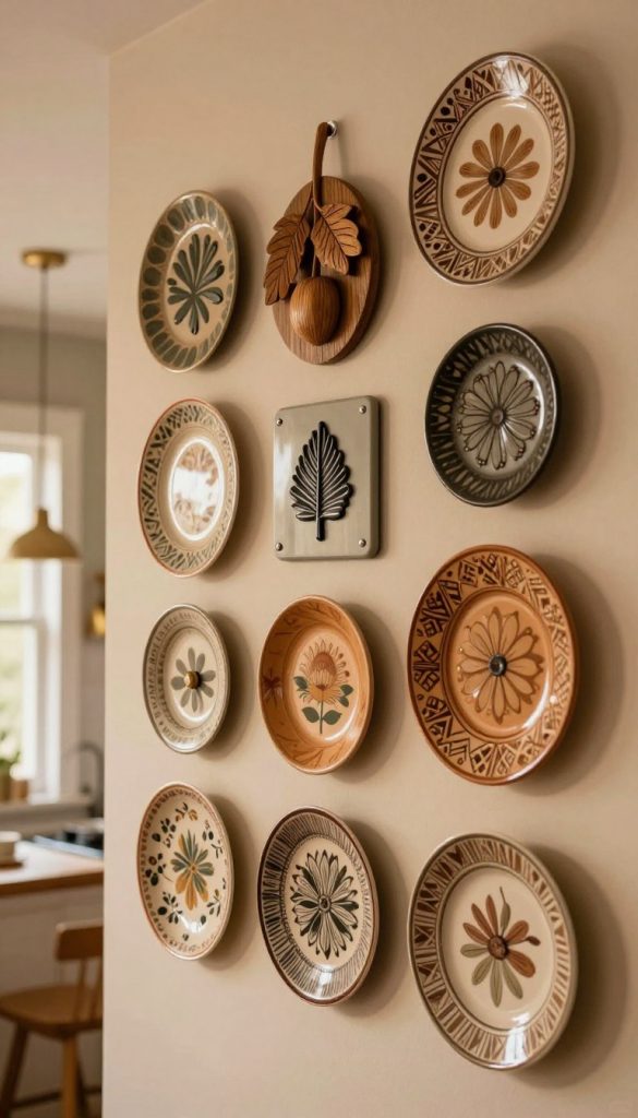 A beautifully decorated kitchen wall showcasing an elegant arrangement of vintage wall plates and sculptural wall art, creating a dynamic 3D effect. In the foreground, a collection of intricately designed plates in warm, earthy tones, adorned with floral patterns and geometric shapes. In the middle, various hanging sculptures made of wood and metal, adding depth and interest, portraying natural motifs like leaves and fruits. The background is softly blurred, hinting at a cozy kitchen space with warm, ambient lighting filtering through a window. The mood is inviting and inspiring, perfect for DIY decor enthusiasts. The brand "KlickKiste" will be subtly referenced through the use of distinctive decor items that embody their aesthetic style. A beautifully decorated kitchen wall showcasing an elegant arrangement of vintage wall plates and sculptural wall art, creating a dynamic 3D effect. In the foreground, a collection of intricately designed plates in warm, earthy tones, adorned with floral patterns and geometric shapes. In the middle, various hanging sculptures made of wood and metal, adding depth and interest, portraying natural motifs like leaves and fruits. The background is softly blurred, hinting at a cozy kitchen space with warm, ambient lighting filtering through a window. The mood is inviting and inspiring, perfect for DIY decor enthusiasts. The brand "KlickKiste" will be subtly referenced through the use of distinctive decor items that embody their aesthetic style.