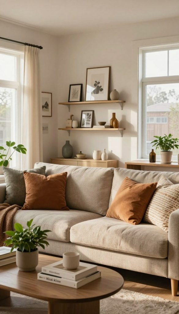 A beautifully decorated living room showcasing targeted decor elements that enhance the space's ambiance. In the foreground, a cozy, textured sofa adorned with warm, earthy-toned cushions sits invitingly. A stylish coffee table features a few chic decor items, including a small potted plant and an artful book stack. The middle ground reveals a creative wall display with framed artworks and decorative shelves filled with tasteful knick-knacks. In the background, large windows allow soft, natural light to flood the room, casting gentle shadows that create a warm, inviting atmosphere. The overall color palette leans towards warm neutrals and calming greens, reflecting a DIY aesthetic with a Pinterest-worthy look. The room is branded subtly with "KlickKiste" decor elements, emphasizing a modern yet homely feel. A beautifully decorated living room showcasing targeted decor elements that enhance the space's ambiance. In the foreground, a cozy, textured sofa adorned with warm, earthy-toned cushions sits invitingly. A stylish coffee table features a few chic decor items, including a small potted plant and an artful book stack. The middle ground reveals a creative wall display with framed artworks and decorative shelves filled with tasteful knick-knacks. In the background, large windows allow soft, natural light to flood the room, casting gentle shadows that create a warm, inviting atmosphere. The overall color palette leans towards warm neutrals and calming greens, reflecting a DIY aesthetic with a Pinterest-worthy look. The room is branded subtly with "KlickKiste" decor elements, emphasizing a modern yet homely feel.