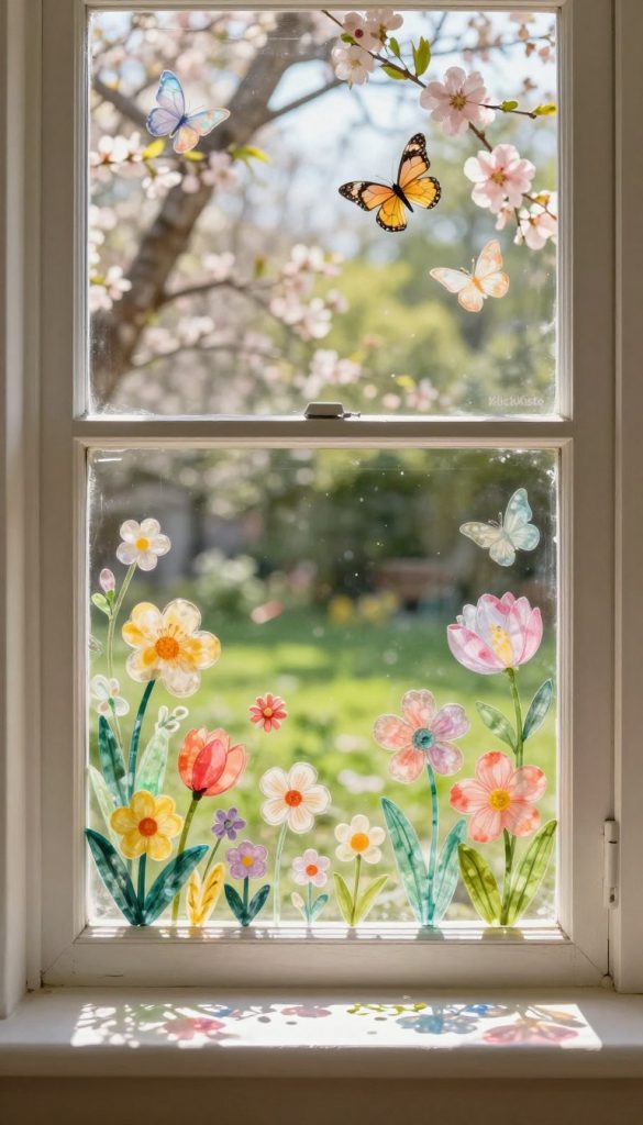 A beautifully decorated window as the focal point, showcasing vibrant spring-themed decor made from colorful translucent paper and adhesive window films. In the foreground, intricate patterns of flowers and butterflies created from layered transparent papers catch the sunlight, casting soft, colorful shadows on the windowsill. The middle layer features the window adorned with a variety of floral designs in pastel hues, gently fluttering in a light breeze. In the background, a serene garden scene is visible through the window, with blossoming trees and bright greenery, enhancing the springtime atmosphere. The composition is well-lit with natural sunlight streaming in, creating a warm and inviting mood. The style is authentically inspiring, reminiscent of Pinterest aesthetics, with a touch of modern DIY charm. Include the brand name "KlickKiste" subtly integrated into the window decoration.
