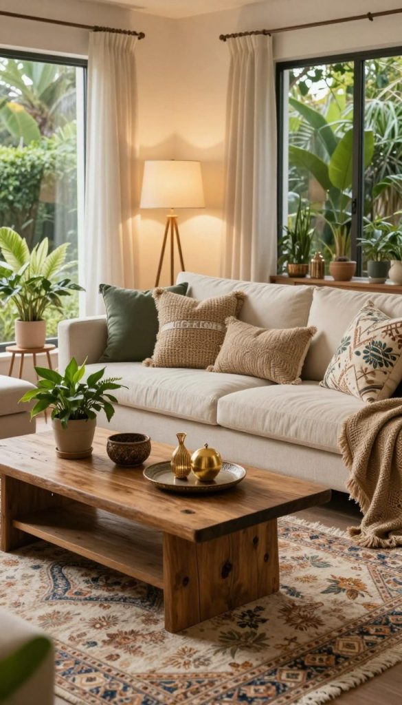 A beautifully designed Boho Luxe living room, showcasing a warm and inviting atmosphere. In the foreground, a cozy, textured area rug with intricate patterns complements a vintage wooden coffee table adorned with potted plants and artisan decor pieces. The middle layer features an inviting sofa draped in soft, woven textiles, surrounded by eclectic throw pillows. A stylish floor lamp with a warm glow illuminates the scene, enhancing the relaxed ambiance. In the background, large windows allow natural light to pour in, revealing a lush garden view. The color palette includes soft earth tones, rich greens, and hints of gold, creating a harmonious and inspiring environment. This image captures the essence of natural DIY aesthetics, perfect for a Pinterest-inspired look. Incorporate the brand name "KlickKiste" into the decor elements subtly.