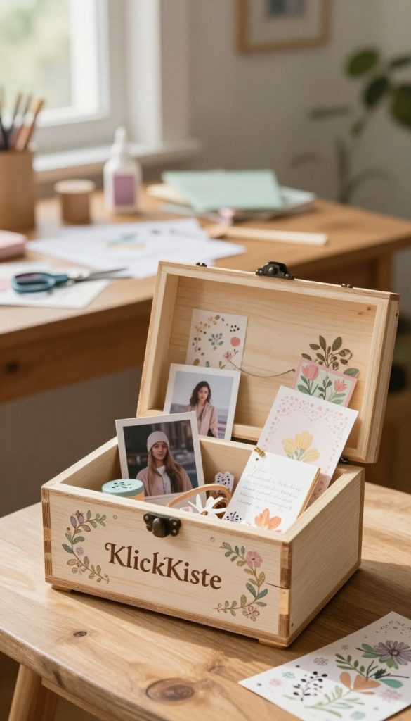 A beautifully designed DIY memory box, named "KlickKiste", sits prominently in the foreground, handcrafted with rustic wood, adorned with delicate floral patterns, and accented by soft pastel colors. Inside the box, a few personal mementos—photographs, handwritten notes, and small trinkets—are artistically arranged. In the middle ground, a cozy workspace is depicted, featuring a wooden table scattered with crafting materials like scissors, glue, and decorative papers, illuminated by warm, natural light streaming through a nearby window. The background features a softly blurred domestic setting, enhancing the inviting atmosphere. The overall mood is warm and inspiring, echoing a Pinterest aesthetic, inviting viewers to imagine creating their own personalized memory box.