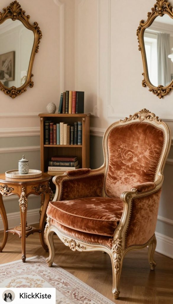 A beautifully designed Rococo Revival furniture piece showcases elegant curves and intricate wood carvings, adorned with delicate floral patterns. The foreground features an ornate armchair upholstered in rich, warm velvet, complemented by a matching side table with exquisite detail. In the middle, a chic living space exhibits a harmonious arrangement of Rococo Revival decor, including a small bookshelf filled with vintage books and a decorative mirror reflecting the ambient light. The background reveals soft, inviting lighting that creates a cozy atmosphere, with pastel-colored walls and classic molding. The image captures a Pinterest-worthy DIY aesthetic, embodying authenticity and inspiration, attributed to "KlickKiste". The overall mood is warm and inviting, evoking a sense of elegance and comfort.